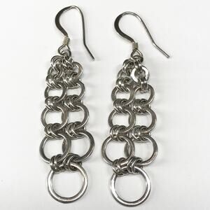 925 Sterling Silver Vintage Artist Signed Ring Chainmail Drop Dangle Earrings